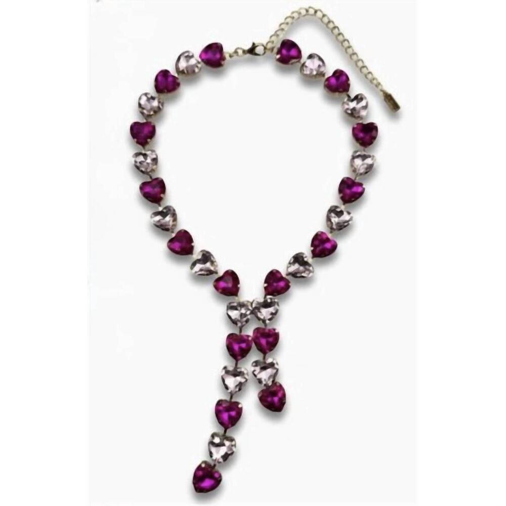 NEW PINK PANACHE women's rhinestone heart lariat necklace in fuchsia pink mix